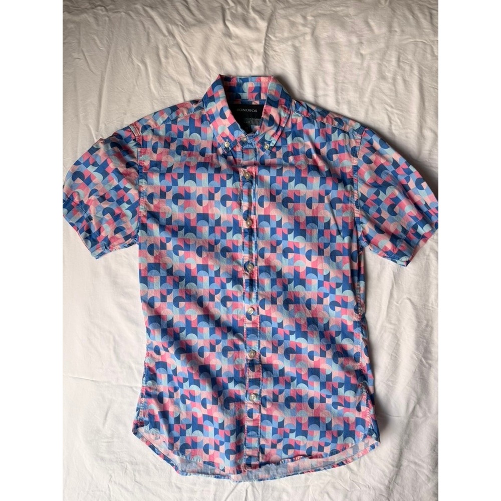 Bonobos Mens Slim Fit Short Sleeve Button Down Shirt Geometric Blue Pink XS